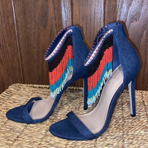 ALDO Back Zip Franssie Beaded Denim Fringe- 4.5” Stiletto Heels-Women’s size 7 - Picture 3 of 12